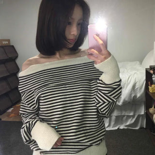 Marine Border Off-Shoulder Loose Fit Knit