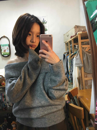 French Wide Collar Off-Shoulder Slim Fit Knit