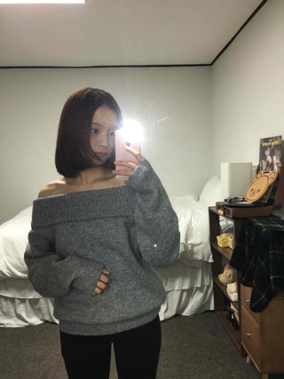French Wide Collar Off-Shoulder Slim Fit Knit