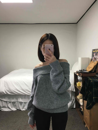 French Wide Collar Off-Shoulder Slim Fit Knit