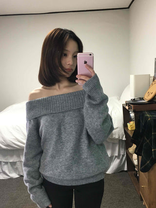 French Wide Collar Off-Shoulder Slim Fit Knit
