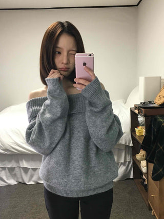 French Wide Collar Off-Shoulder Slim Fit Knit