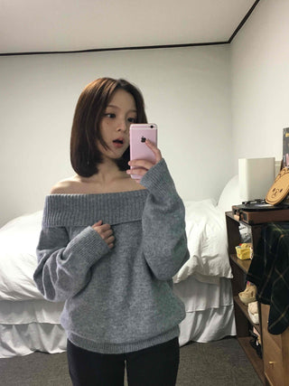 French Wide Collar Off-Shoulder Slim Fit Knit