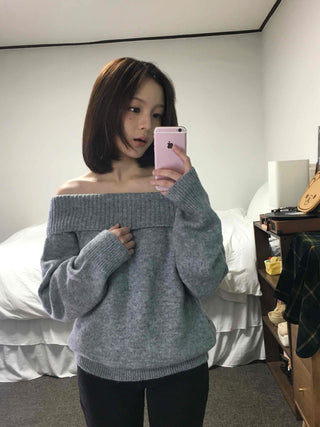 French Wide Collar Off-Shoulder Slim Fit Knit