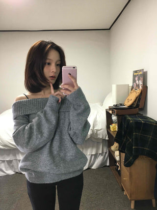French Wide Collar Off-Shoulder Slim Fit Knit