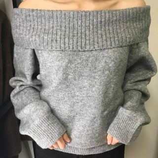 French Wide Collar Off-Shoulder Slim Fit Knit