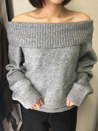 French Wide Collar Off-Shoulder Slim Fit Knit