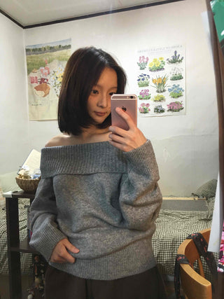 French Wide Collar Off-Shoulder Slim Fit Knit