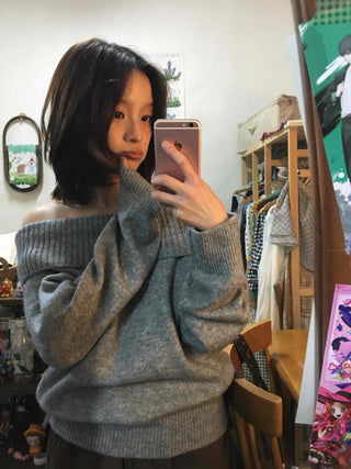 French Wide Collar Off-Shoulder Slim Fit Knit