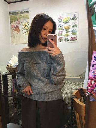 French Wide Collar Off-Shoulder Slim Fit Knit