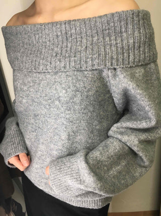 French Wide Collar Off-Shoulder Slim Fit Knit
