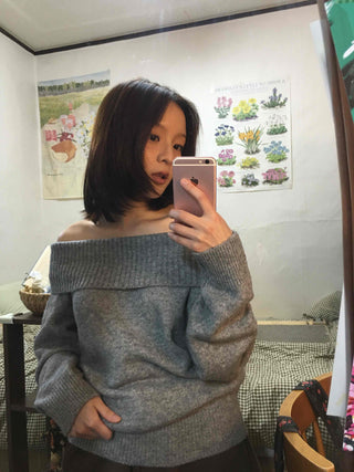 French Wide Collar Off-Shoulder Slim Fit Knit