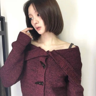 Twist Double Button Shoulder Open Knit Cardigan