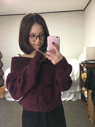 Twist Double Button Shoulder Open Knit Cardigan