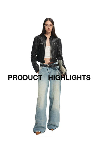 [NOTAWEAR] Cropped Moto Jacket with Cracked  Texture