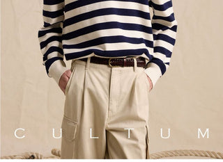 [CULTUM] Cotton Striped Open Collar Knit Sweater