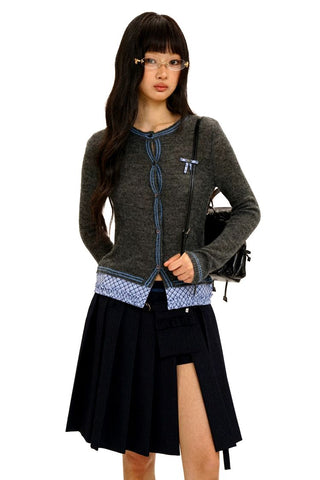 [Moromoro2] Layered Hem Plaid Bow Slim Fit  Cardigan