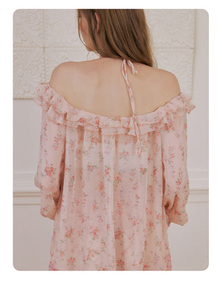[NECY] Romance Floral Puff Chiffon Blouse