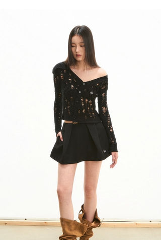 [NOTAWEAR] Asymmetric Off-shoulder Hollow  Cardigan