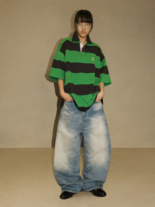 [MASONPRINCE] Curved Cut Washed Denim Wide Pants