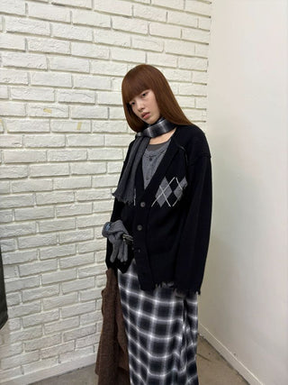 [NeverSeez] Argyle Layered Knit Cardigan