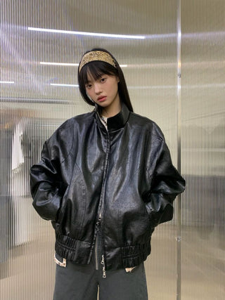 [NEVERSEEZ] Stand Collar Oversized PU Jacket