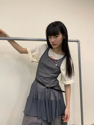 [NeverSeez] Mesh Layered Pleated Vest Dress