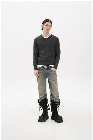 [MASONPRINCE] Wool Blend V-Neck Distressed Sweater