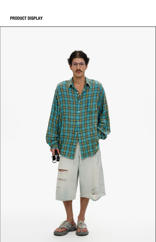 [MASONPRINCE] Salt Shrink Distressed Check Sun-Proof Shirt