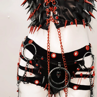 Halter net rivet o ring metal chain 3 piece short pant set