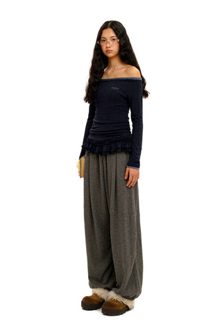 [Moromoro2] Off-Shoulder Ruffle Hem Long Sleeve  Top