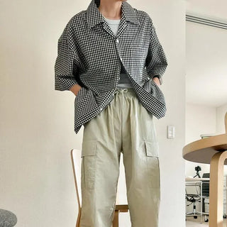 Linen check open collar shirt