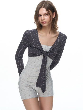 [NECY] Fog Grey Floral Fake Knot Top & Suspender Jumpsuit