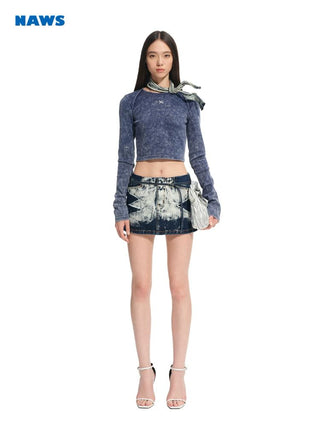 [NOTAWEAR] Washed Denim Low-Rise Mini Skirt