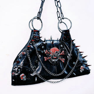 PU leather skull applique metal chain rivet handbag  | Festival Outfits Women