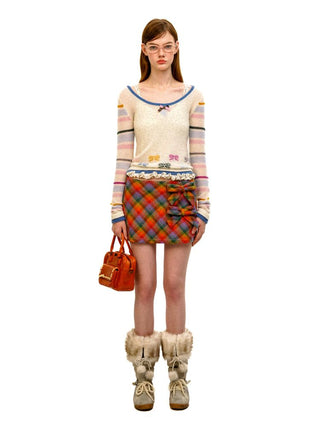 [Moromoro2] Wool Plaid Bow Mini Skirt