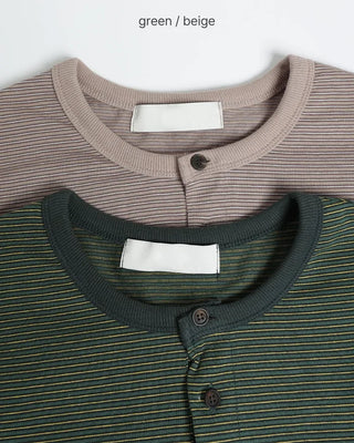 (Unisex) Striped Henley Neck Long Sleeve T-shirt