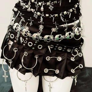 Skull applique PU leather tank mini skirt set