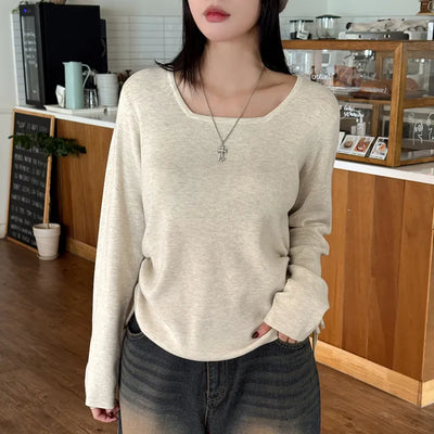 Oatmule Shirred String Loose Fit Square Neck Wool Long Sleeve Knit
