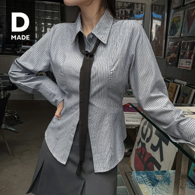 Ann Stripe Slim Fit Strap Semi-Crop Long Sleeve Shirt