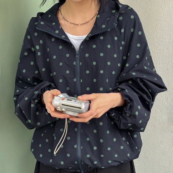 Dot Raglan Hooded Drawstring Windbreaker Jumper