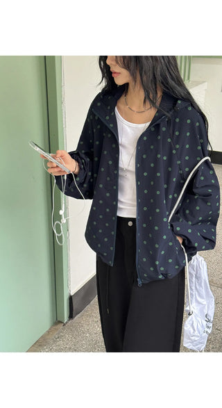 Dot Raglan Hooded Drawstring Windbreaker Jumper