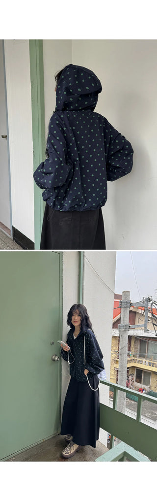 Dot Raglan Hooded Drawstring Windbreaker Jumper