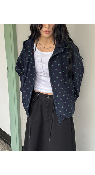 Dot Raglan Hooded Drawstring Windbreaker Jumper