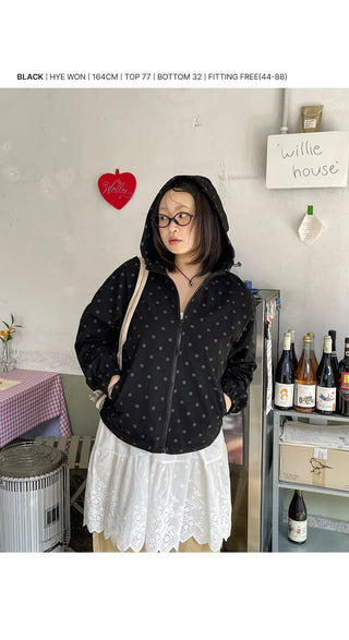 Dot Raglan Hooded Drawstring Windbreaker Jumper