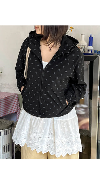 Dot Raglan Hooded Drawstring Windbreaker Jumper