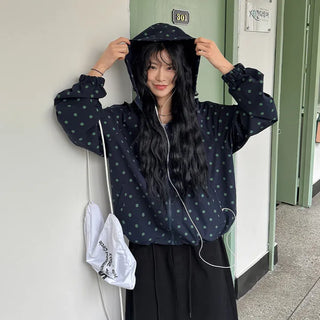 Dot Raglan Hooded Drawstring Windbreaker Jumper