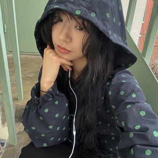 Dot Raglan Hooded Drawstring Windbreaker Jumper
