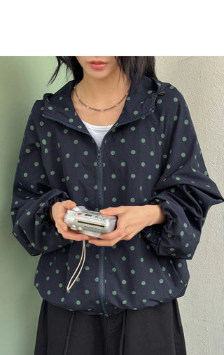 Dot Raglan Hooded Drawstring Windbreaker Jumper