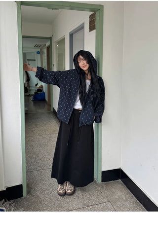Dot Raglan Hooded Drawstring Windbreaker Jumper